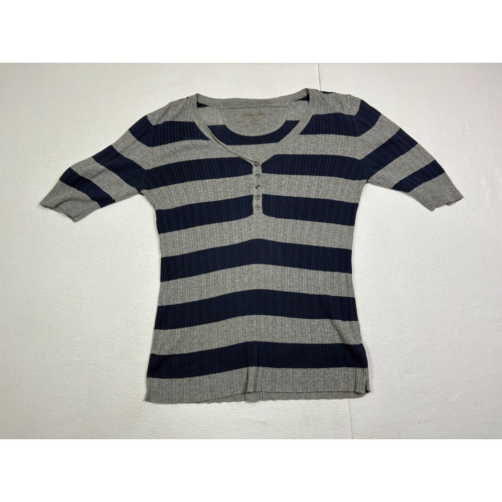 Faded Glory Womens Large Navy Blue Gray Striped Ribbed Henley Top